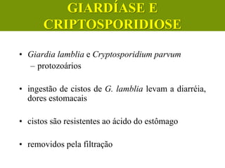 • Giardia lamblia e Cryptosporidium parvum
– protozoários
• ingestão de cistos de G. lamblia levam a diarréia,
dores estomacais
• cistos são resistentes ao ácido do estômago
• removidos pela filtração
GIARDÍASE E
CRIPTOSPORIDIOSE
 