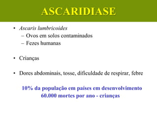 • Ascaris lumbricoides
– Ovos em solos contaminados
– Fezes humanas
• Crianças
• Dores abdominais, tosse, dificuldade de respirar, febre
10% da população em países em desenvolvimento
60.000 mortes por ano - crianças
ASCARIDIASE
 