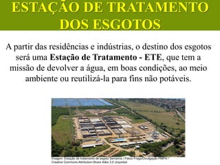 A partir das residências e indústrias, o destino dos esgotos
será uma Estação de Tratamento - ETE, que tem a
missão de devolver a água, em boas condições, ao meio
ambiente ou reutilizá-la para fins não potáveis.
CIÊNCIAS, 6º Ano do Ensino
Fundamental
Tratamento dos esgotos
Imagem: Estação de tratamento de esgoto Serrarina / Flávio Fraga/Divulgação PMPA /
Creative Commons Attribution-Share Alike 3.0 Unported
ESTAÇÃO DE TRATAMENTO
DOS ESGOTOS
 