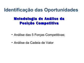 Identificação das Oportunidades
• Análise das 5 Forças Competitivas;
• Análise da Cadeia de Valor
Metodologia de Análise daMetodologia de Análise da
Posição CompetitivaPosição Competitiva
 