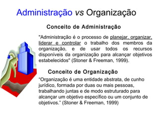 Conceito de Administração
"Administração é o processo de planejar, organizar,
liderar e controlar o trabalho dos membros da
organização, e de usar todos os recursos
disponíveis da organização para alcançar objetivos
estabelecidos" (Stoner & Freeman, 1999).
Conceito de Organização
“Organização é uma entidade abstrata, de cunho
jurídico, formada por duas ou mais pessoas,
trabalhando juntas e de modo estruturado para
alcançar um objetivo específico ou um conjunto de
objetivos.” (Stoner & Freeman, 1999)
Administração vs Organização
 