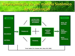 AMBIENTEAMBIENTE
RECURSOSRECURSOS
HISTÓRIAHISTÓRIA
INSUMOS PRODUTO
NÍVEL DONÍVEL DO
SISTEMASISTEMA
NÍVELNÍVEL
UNIDADE /UNIDADE /
GRUPOGRUPO
NÍVELNÍVEL
INDIVIDUALINDIVIDUAL
ESTRUTURAESTRUTURA
PROCESSOSPROCESSOS
INFORMAISINFORMAIS
TRABALHOTRABALHO
DISPOSI-DISPOSI-
ÇÕESÇÕES
FORMAISFORMAIS
PESSOALPESSOAL
Fonte: Nadler, D.A.; Gerstein, M.S., Shaw, R.B. (1994).
Representação de um modelo SistêmicoRepresentação de um modelo Sistêmico
de organizaçãode organização
Representação de um modelo SistêmicoRepresentação de um modelo Sistêmico
de organizaçãode organização
 