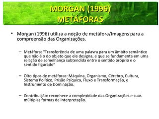 MORGAN (1996)MORGAN (1996)
METÁFORASMETÁFORAS
MORGAN (1996)MORGAN (1996)
METÁFORASMETÁFORAS
• Morgan (1996) utiliza a noção de metáfora/Imagens para a
compreensão das Organizações.
– Metáfora: “Transferência de uma palavra para um âmbito semântico
que não é o do objeto que ele designa, e que se fundamenta em uma
relação de semelhança subtendida entre o sentido próprio e o
sentido figurado”
– Oito tipos de metáforas: Máquina, Organismo, Cérebro, Cultura,
Sistema Político, Prisão Psíquica, Fluxo e Transformação, e
Instrumento de Dominação.
– Contribuição: reconhece a complexidade das Organizações e suas
múltiplas formas de interpretação.
 