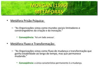 MORGAN (1996)MORGAN (1996)
METÁFORASMETÁFORAS
MORGAN (1996)MORGAN (1996)
METÁFORASMETÁFORAS
• Metáfora Prisão Psíquica:
– “As Organizações vistas como mundos sociais limitadores e
constrangedores da criação e da inovação.”
• Conseqüência: ´há um lado avesso´.
• Metáfora Fluxo e Transformação:
– “As Organizações vistas como fluxo de mudança e transformação que
ganha estabilidade ao longo do tempo, mas que permanece
mudando.”
• Conseqüência: a única característica permanente é a mudança.
 