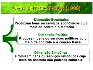 Dimensão EconômicaDimensão Econômica
Produzem bens ou serviços econômicos cujoProduzem bens ou serviços econômicos cujo
meio de controle é materialmeio de controle é material
Dimensão PolíticaDimensão Política
Produzem bens ou serviços políticos cujoProduzem bens ou serviços políticos cujo
meio de controle é a coação física.meio de controle é a coação física.
Dimensão SimbólicaDimensão Simbólica
Produzem bens ou serviços simbólicos cujoProduzem bens ou serviços simbólicos cujo
meio de controle são padrões culturais.meio de controle são padrões culturais.
UMA SÍNTESE:UMA SÍNTESE: SROUR (1998)SROUR (1998)UMA SÍNTESE:UMA SÍNTESE: SROUR (1998)SROUR (1998)
 