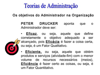 Os objetivos do Administrador na Organização
PETER DRUCKER aponta que o
Administrador deve ser:
• Eficaz, ou seja, aquele que define
corretamente o objetivo adequado a ser
alcançado, pois Eficácia é fazer a coisa certa,
ou seja, é um Fator Qualitativo.
• Eficiente, ou seja, aquele que obtém
produtos e serviços (atividade-fim) com o menor
volume de recursos necessários (meios),
Eficiência é fazer certo as coisas, ou seja, é
um Fator Quantitativo.
 