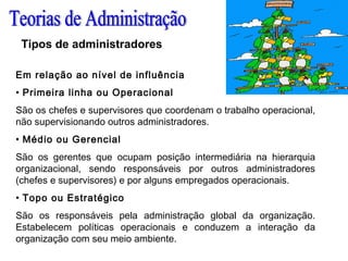 Tipos de administradores
Em relação ao nível de influência
• Primeira linha ou Operacional
São os chefes e supervisores que coordenam o trabalho operacional,
não supervisionando outros administradores.
• Médio ou Gerencial
São os gerentes que ocupam posição intermediária na hierarquia
organizacional, sendo responsáveis por outros administradores
(chefes e supervisores) e por alguns empregados operacionais.
• Topo ou Estratégico
São os responsáveis pela administração global da organização.
Estabelecem políticas operacionais e conduzem a interação da
organização com seu meio ambiente.
 