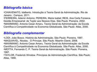Bibliografia básica
•CHIAVENATO, Idalberto. Introdução à Teoria Geral da Administração. Rio de
Janeiro : Campus, 2011.
•FERREIRA, Ademir Antonio; PEREIRA, Maria Isabel; REIS, Ana Carla Fonseca.
Gestão Empresarial: de Taylor aos Nossos Dias. São Paulo: Pioneira, 2002.
•MAXIMIANO, Antonio Cesar Amaru. Teoria Geral da Administração: da Escola
Científica à Competitividade na Economia Globalizada. São Paulo: Atlas, 2000.
Bibliografia complementar
•LODI, João Bosco. História da Administração. São Paulo: Pioneira, 1987.
•MAQUIAVEL, Nicolau . O Príncipe. São Paulo: Maartin Claret, 2008.
•MAXIMIANO, Antonio Cesar Amaru. Teoria Geral da Administração: da Escola
Científica à Competitividade na Economia Globalizada. São Paulo: Atlas, 2000.
•MOTTA, Fernando C. P. Teoria Geral da Administração. São Paulo: Pioneira,
1987.
•TAYLOR, Frederick Winslow. Princípios de Administração Científica. São Paulo:
Atlas, 1990.
 
