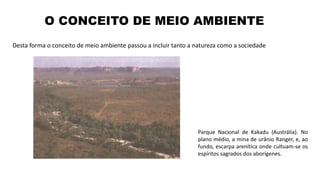 Desta forma o conceito de meio ambiente passou a incluir tanto a natureza como a sociedade
O CONCEITO DE MEIO AMBIENTE
Parque Nacional de Kakadu (Austrália). No
plano médio, a mina de urânio Ranger, e, ao
fundo, escarpa arenítica onde cultuam-se os
espíritos sagrados dos aborígenes.
 