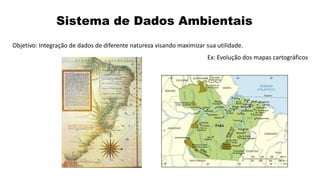 Objetivo: Integração de dados de diferente natureza visando maximizar sua utilidade.
Ex: Evolução dos mapas cartográficos
Sistema de Dados Ambientais
 