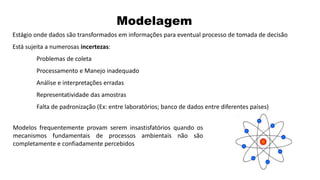 Modelagem
Modelos frequentemente provam serem insastisfatórios quando os
mecanismos fundamentais de processos ambientais não são
completamente e confiadamente percebidos
Estágio onde dados são transformados em informações para eventual processo de tomada de decisão
Está sujeita a numerosas incertezas:
Problemas de coleta
Processamento e Manejo inadequado
Análise e interpretações erradas
Representatividade das amostras
Falta de padronização (Ex: entre laboratórios; banco de dados entre diferentes países)
 