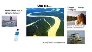 Um rio...
Fornece bens para o
consumo humano
Cumpre funções
ecológicas
.... e funções sócio-econômicas
Mantém a floresta em pé e
também a qualidade do ar
 