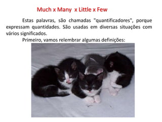 Much x Many x Little x Few
Estas palavras, são chamadas "quantificadores", porque
expressam quantidades. São usadas em diversas situações com
vários significados.
Primeiro, vamos relembrar algumas definições:
 