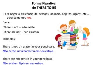Forma Negativa
de THERE TO BE
Para negar a existência de pessoas, animais, objetos lugares etc...,
acrescentamos not.
Veja:
There is not – não existe
There are not - não existem
Examples:
There is not an eraser in your pencilcase.
Não existe uma borracha em seu estojo.
There are not pencils in your pencilcase.
Não existem lápis em seu estojo.
 