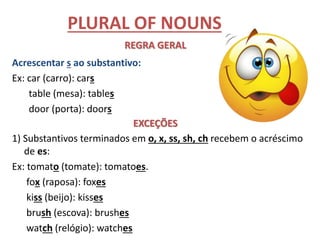 PLURAL OF NOUNS
REGRA GERAL
Acrescentar s ao substantivo:
Ex: car (carro): cars
table (mesa): tables
door (porta): doors
EXCEÇÕES
1) Substantivos terminados em o, x, ss, sh, ch recebem o acréscimo
de es:
Ex: tomato (tomate): tomatoes.
fox (raposa): foxes
kiss (beijo): kisses
brush (escova): brushes
watch (relógio): watches
 