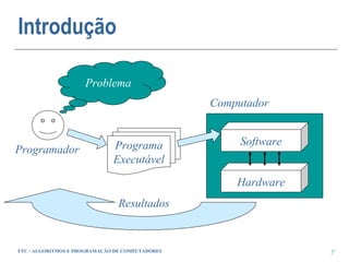 Introdução

                     Problema
                                                 Computador


                              Programa                Software
Programador
                              Executável
                                                     Hardware
                                Resultados


FTC - ALGORITMOS E PROGRAMAÇÃO DE COMPUTADORES                   7
 