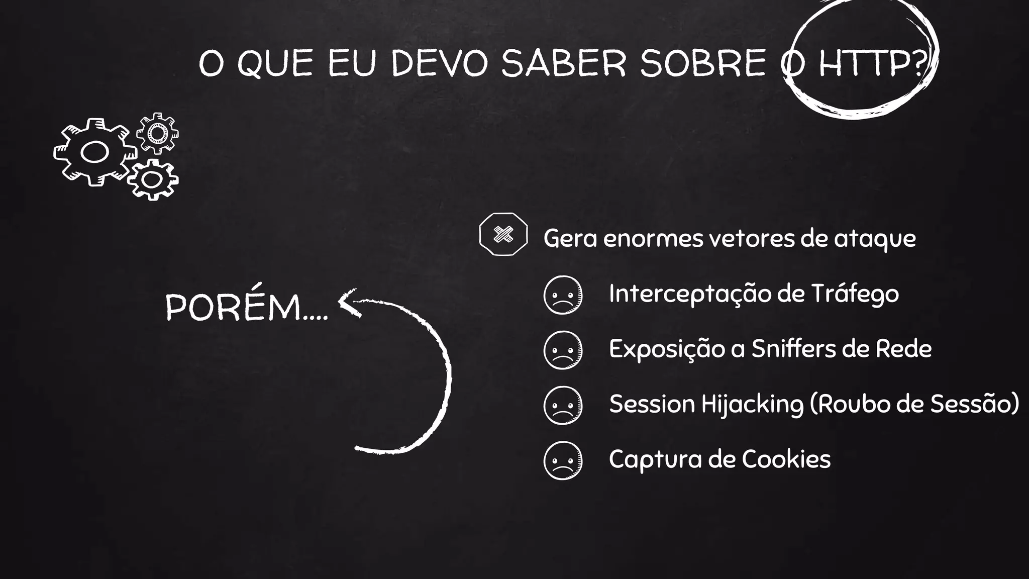 O QUE EU DEVO SABER SOBRE O HTTP?
Gera enormes vetores de ataque
PORÉM…. Interceptação de Tráfego
Exposição a Sniffers de Rede
Session Hijacking (Roubo de Sessão)
Captura de Cookies
 