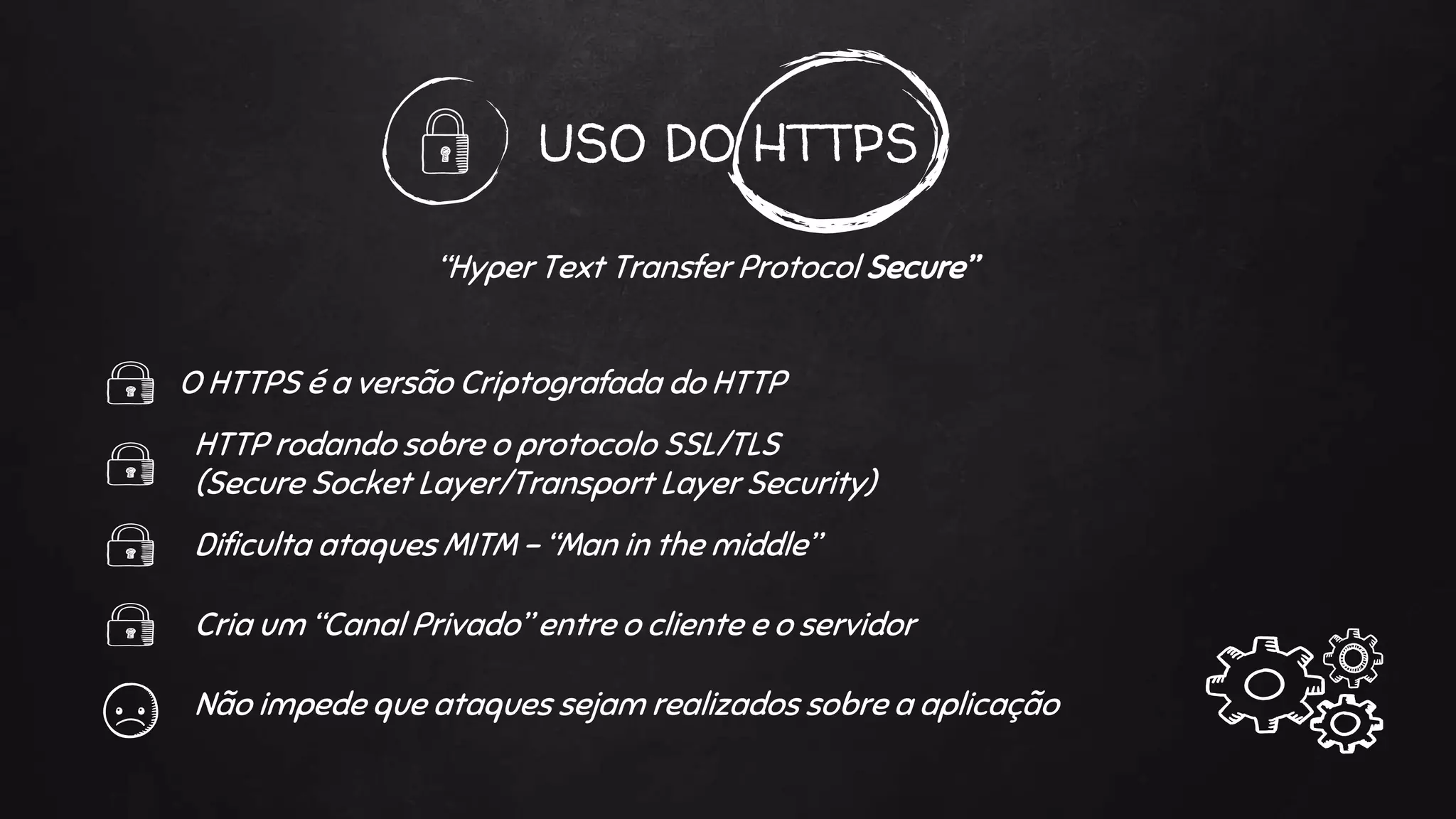 USO DO HTTPS
“Hyper Text Transfer Protocol Secure”
O HTTPS é a versão Criptografada do HTTP
HTTP rodando sobre o protocolo SSL/TLS
(Secure Socket Layer/Transport Layer Security)
Dificulta ataques MITM - “Man in the middle”
Cria um “Canal Privado” entre o cliente e o servidor
Não impede que ataques sejam realizados sobre a aplicação
 