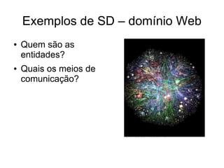 Exemplos de SD – domínio Web
● Quem são as
entidades?
● Quais os meios de
comunicação?
 
