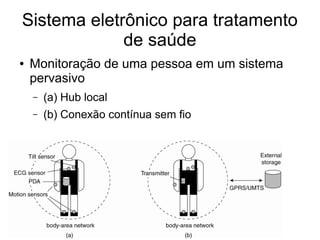 Sistema eletrônico para tratamento
de saúde
● Monitoração de uma pessoa em um sistema
pervasivo
– (a) Hub local
– (b) Conexão contínua sem fio
 