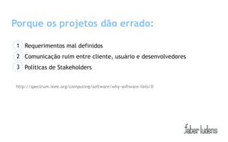 Porque os projetos dão errado:

 1 Requerimentos mal definidos
 2 Comunicação ruim entre cliente, usuário e desenvolvedores
 3 Políticas de Stakeholders


http://spectrum.ieee.org/computing/software/why-software-fails/0
 