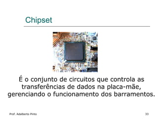 Chipset




   É o conjunto de circuitos que controla as
    transferências de dados na placa-mãe,
gerenciando o funcionamento dos barramentos.


Prof. Adalberto Pinto                   33
 