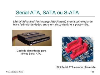 Serial ATA, SATA ou S-ATA
        (Serial Advanced Technology Attachment) é uma tecnologia de
        transferência de dados entre um disco rígido e a placa-mãe.




             Cabo de alimentação para
                drives Serial ATA




                                        Slot Serial ATA em uma placa-mãe
Prof. Adalberto Pinto                                                63
 