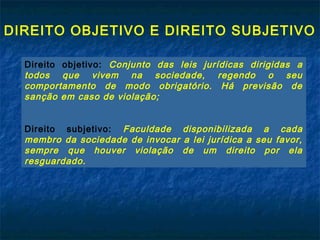 DIREITO OBJETIVO E DIREITO SUBJETIVO
Direito objetivo: Conjunto das leis jurídicas dirigidas a
todos que vivem na sociedade, regendo o seu
comportamento de modo obrigatório. Há previsão de
sanção em caso de violação;
Direito subjetivo: Faculdade disponibilizada a cada
membro da sociedade de invocar a lei jurídica a seu favor,
sempre que houver violação de um direito por ela
resguardado.

 