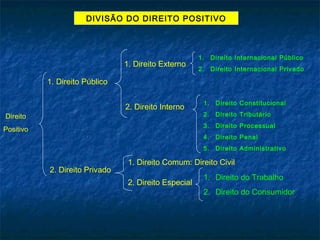 DIVISÃO DO DIREITO POSITIVO

1. Direito Externo

1.

Direito Internacional Público

2.

Direito Internacional Privado

1. Direito Público

2. Direito Privado

2.

Direito Tributário
Direito Processual
Direito Penal

5.

Positivo

Direito Constitucional

4.

Direito

1.
3.

2. Direito Interno

Direito Administrativo

1. Direito Comum: Direito Civil
2. Direito Especial

1. Direito do Trabalho
2. Direito do Consumidor

 