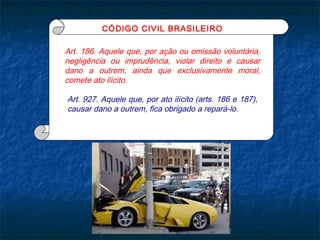 CÓDIGO CIVIL BRASILEIRO

Art. 186. Aquele que, por ação ou omissão voluntária,
negligência ou imprudência, violar direito e causar
dano a outrem, ainda que exclusivamente moral,
comete ato ilícito.
Art. 927. Aquele que, por ato ilícito (arts. 186 e 187),
causar dano a outrem, fica obrigado a repará-lo.

 
