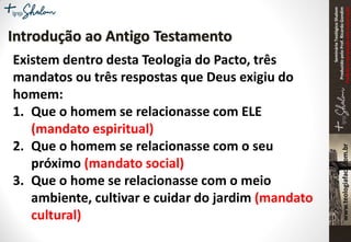 SeminárioTeológicoShalom
ProduzidopeloProf.RicardoGondim
Proibidaareproduçãosemautorização
Existem dentro desta Teologia do Pacto, três
mandatos ou três respostas que Deus exigiu do
homem:
1. Que o homem se relacionasse com ELE
(mandato espiritual)
2. Que o homem se relacionasse com o seu
próximo (mandato social)
3. Que o home se relacionasse com o meio
ambiente, cultivar e cuidar do jardim (mandato
cultural)
Introdução ao Antigo Testamento
 