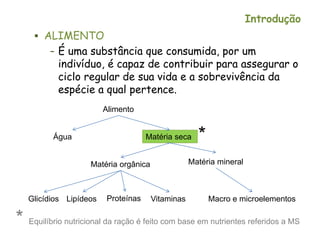 Introdução
 ALIMENTO
– É uma substância que consumida, por um
indivíduo, é capaz de contribuir para assegurar o
ciclo regular de sua vida e a sobrevivência da
espécie a qual pertence.
Alimento
Água Matéria seca
Matéria orgânica Matéria mineral
Glicídios Lipídeos Proteínas Vitaminas Macro e microelementos
*
* Equilíbrio nutricional da ração é feito com base em nutrientes referidos a MS
 