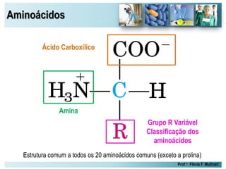 Aminoácidos
Prof.a: Flávia F. Mulinari
Estrutura comum a todos os 20 aminoácidos comuns (exceto a prolina)
Ácido Carboxílico
Amina
Grupo R Variável
Classificação dos
aminoácidos
 