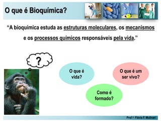 O que é Bioquímica?
Prof.a: Flávia F. Mulinari
“A bioquímica estuda as estruturas moleculares, os mecanismos
e os processos químicos responsáveis pela vida.”
O que é
vida?
O que é um
ser vivo?
Como é
formado?
?
 