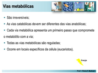 Vias metabólicas
Prof.a: Flávia F. Mulinari
 São irreversíveis;
 As vias catabólicas devem ser diferentes das vias anabólicas;
 Cada via metabólica apresenta um primeiro passo que compromete
o metabólito com a via;
 Todas as vias metabólicas são reguladas;
 Ocorre em locais específicos da célula (eucariotos).
Energia
 