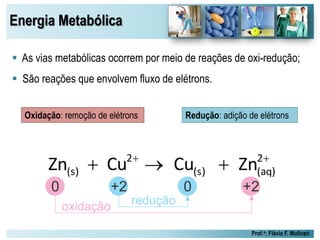 Energia Metabólica
Prof.a: Flávia F. Mulinari
 As vias metabólicas ocorrem por meio de reações de oxi-redução;
 São reações que envolvem fluxo de elétrons.
Oxidação: remoção de elétrons Redução: adição de elétrons
 