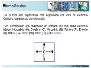 Biomoléculas
Prof.a: Flávia F. Mulinari
 A química dos organismos está organizada em volta do elemento
Carbono (compões as biomoléculas);
 As biomoléculas são compostos de carbono que têm como elemento
básico: Hidrogênio (H), Oxigênio (O), Nitrogênio (N), Fósforo (P), Enxofre
(S), Cálcio (Ca), Sódio (Na), Cloro (Cl), entre outros.
 