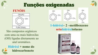 Funções oxigenadas
FENÓIS
São compostos orgânicos
com uma ou mais hidroxilas
(OH) ligadas diretamente ao
anel aromático.
Hidróxi + nome do
hidrocarboneto
1-hidróxi– 2 –metilbenzeno
ortohidróxitolueno
 