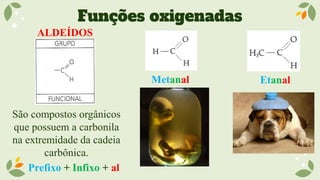 Funções oxigenadas
ALDEÍDOS
São compostos orgânicos
que possuem a carbonila
na extremidade da cadeia
carbônica.
Prefixo + Infixo + al
Metanal Etanal
 