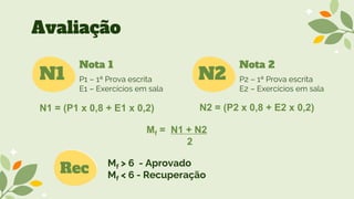 Nota 1
N1 P1 – 1ª Prova escrita
E1 – Exercícios em sala
N2 P2 – 1ª Prova escrita
E2 – Exercícios em sala
Mf > 6 - Aprovado
Mf < 6 - Recuperação
Rec
Avaliação
Nota 2
N1 = (P1 x 0,8 + E1 x 0,2)
Mf = N1 + N2
2
N2 = (P2 x 0,8 + E2 x 0,2)
 