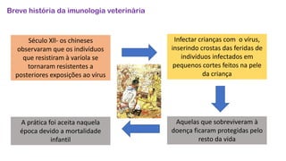 Breve história da imunologia veterinária
Século Xll- os chineses
observaram que os indivíduos
que resistiram à varíola se
tornaram resistentes a
posteriores exposições ao vírus
Infectar crianças com o vírus,
inserindo crostas das feridas de
indivíduos infectados em
pequenos cortes feitos na pele
da criança
Aquelas que sobreviveram à
doença ficaram protegidas pelo
resto da vida
A prática foi aceita naquela
época devido a mortalidade
infantil
 