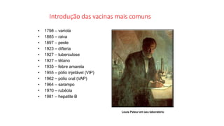• 1798 – varíola
• 1885 – raiva
• 1897 – peste
• 1923 – difteria
• 1927 – tuberculose
• 1927 – tétano
• 1935 – febre amarela
• 1955 – pólio injetável (VIP)
• 1962 – pólio oral (VAP)
• 1964 – sarampo
• 1970 – rubéola
• 1981 – hepatite B
Louis Pateur em seu laboratório
Introdução das vacinas mais comuns
 