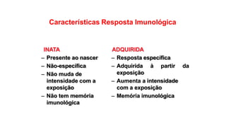 Características Resposta Imunológica
INATA
– Presente ao nascer
– Não-específica
– Não muda de
intensidade com a
exposição
– Não tem memória
imunológica
ADQUIRIDA
– Resposta específica
– Adquirida à partir da
exposição
– Aumenta a intensidade
com a exposição
– Memória imunológica
 