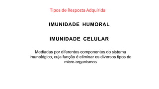 Tipos de Resposta Adquirida
IMUNIDADE HUMORAL
IMUNIDADE CELULAR
Mediadas por diferentes componentes do sistema
imunológico, cuja função é eliminar os diversos tipos de
micro-organismos
 