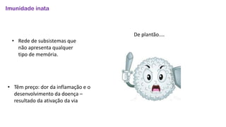 Imunidade inata
• Rede de subsistemas que
não apresenta qualquer
tipo de memória.
• Têm preço: dor da inflamação e o
desenvolvimento da doença –
resultado da ativação da via
De plantão....
 