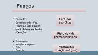 Fungos
 Conceito:
• Constituído de hifas.
• Forma de vida simples.
• Multicelulares nucleados
(Exceção).
 Transmissão:
• Inalação de esporos,
• Pele,
• Secreção.
Parasitas
saprófitas
Risco de vida
(inumodeprimidos)
Micotoxinas
(reação alérgica)
 