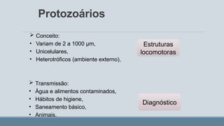 Protozoários
 Conceito:
• Variam de 2 a 1000 µm,
• Unicelulares,
• Heterotróficos (ambiente externo),
 Transmissão:
• Água e alimentos contaminados,
• Hábitos de higiene,
• Saneamento básico,
• Animais.
Estruturas
locomotoras
Diagnóstico
 