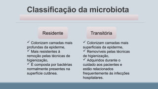 Classificação da microbiota
Residente Transitória
 Colonizam camadas mais
profundas da epiderme,
 Mais resistentes à
remoção pelas técnicas de
higienização,
 É composta por bactérias
normalmente presentes na
superfície cutânea.
 Colonizam camadas mais
superficiais da epiderme,
 Removíveis pelas técnicas
de higienização,
 Adquiridos durante o
cuidado aos pacientes e
estão relacionados
frequentemente às infecções
hospitalares.
 