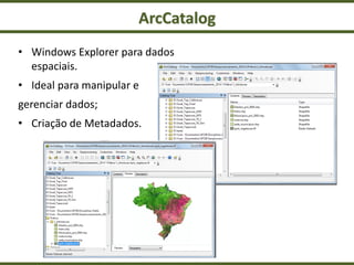 ArcCatalog
• Windows Explorer para dados
espaciais.
• Ideal para manipular e
gerenciar dados;
• Criação de Metadados.
 