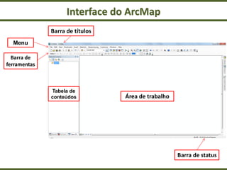 Interface do ArcMap
Área de trabalho
Barra de títulos
Menu
Tabela de
conteúdos
Barra de
ferramentas
Barra de status
 
